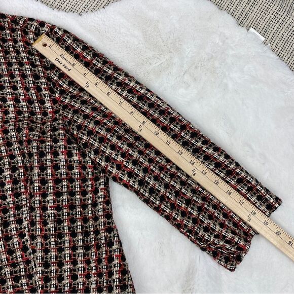 Chicos Tweed Metallic High Neck Open Front Blazer Jacket Red Black Gold Medium - Picture 13 of 14